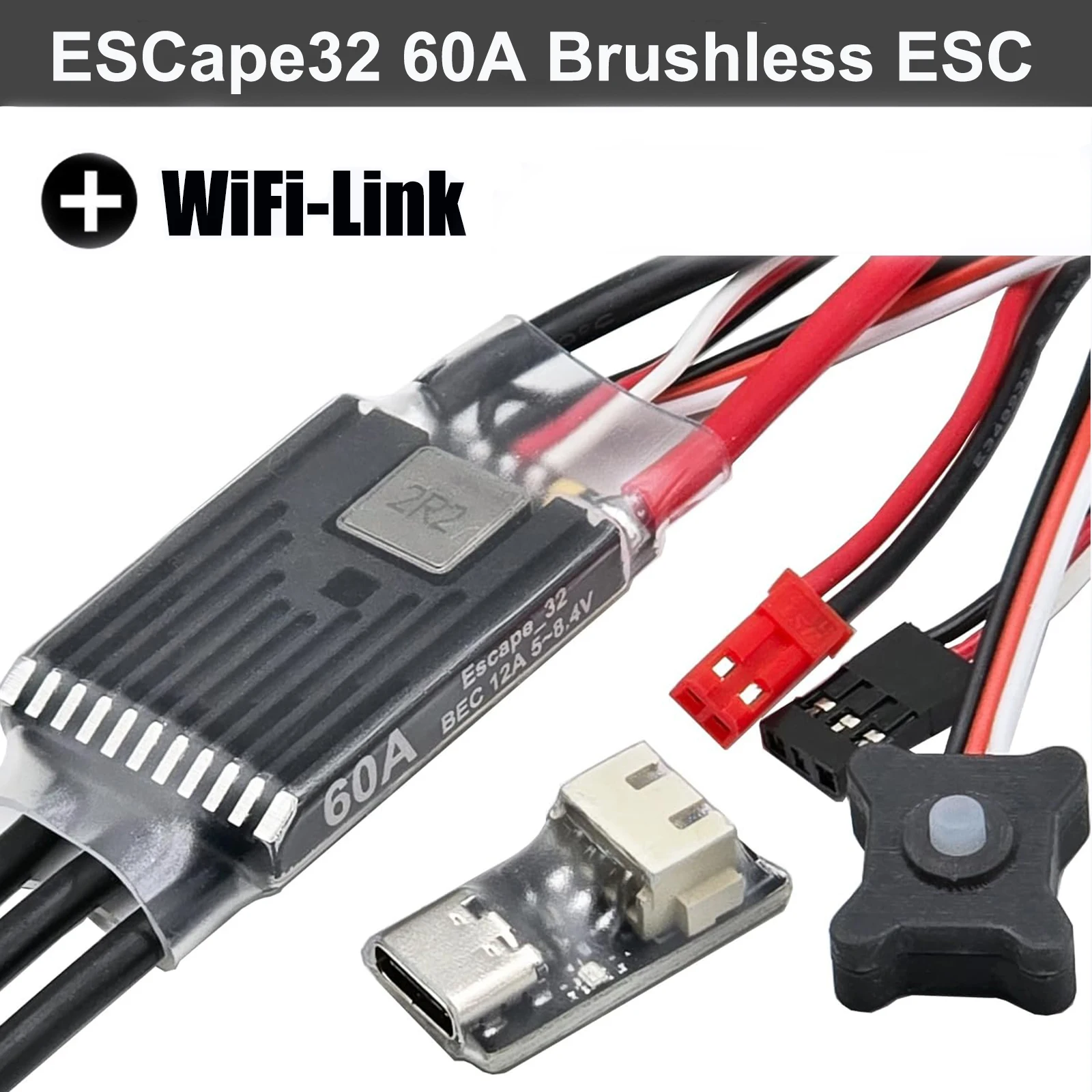 Ghost Brushless ESC 60A ESC with 12A Adjustable BEC 8.4V for 1/10 RC Crawler Axial SCX10 TRX-4 with ESCape32 WiFi-Link