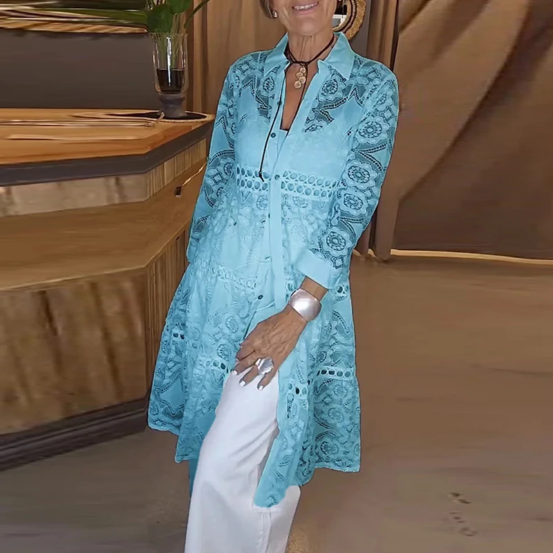 Seksowne koronkowe haftowane bluzki z kwiatami na szydełku Kobieta Eleganckie bluzki z długimi guzikami na klapę Wiosna Pełny rękaw Wydrążone koszule damskie