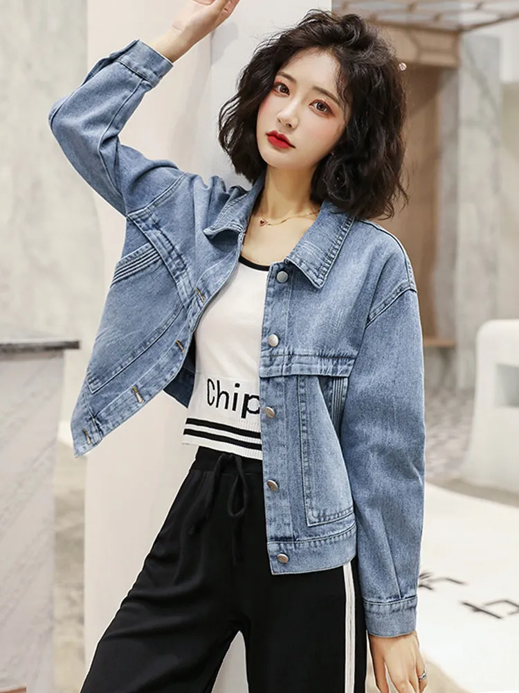 Retro Hong Kong Style Light Blue Denim Jacket Women's Spring Autumn New Fashion Short Coat Top Trendy Button Embroidery Pocket