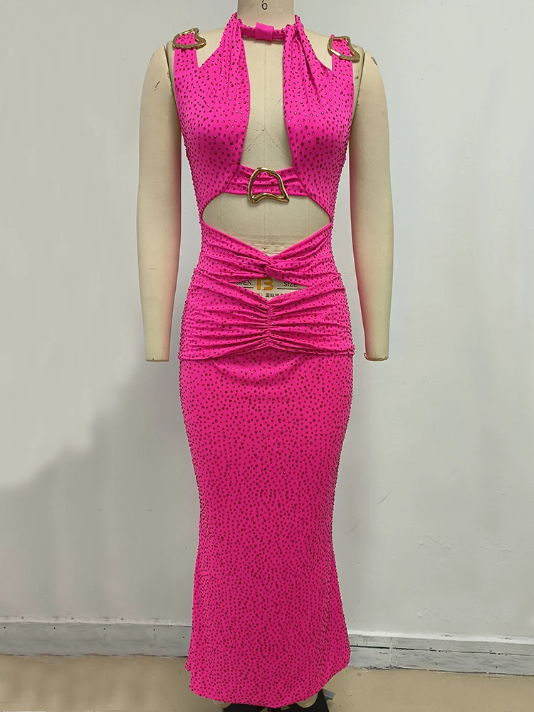 Femmes élégantes Rose strass embelli licou cou boucle en métal découpé plissé dos nu moulante longue robe de soirée