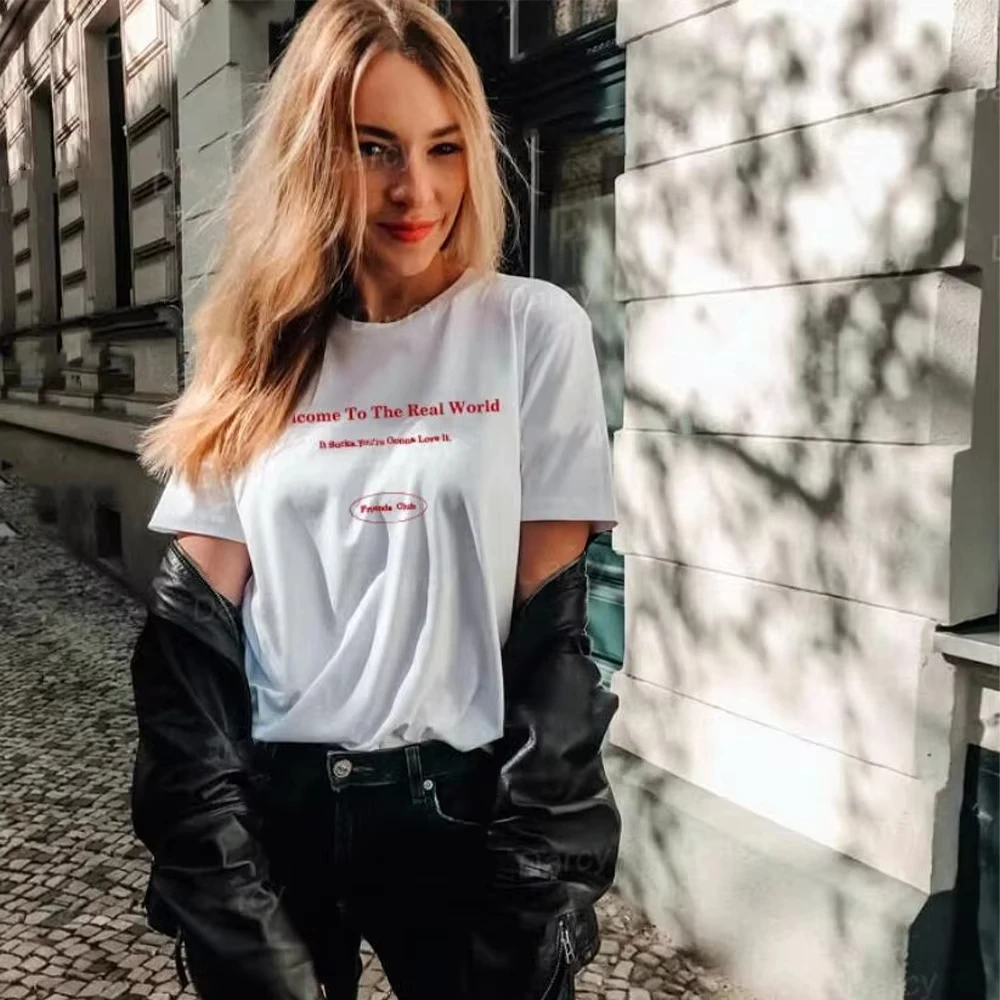 

Добро пожаловать в настоящий мир с принтом букв, уличные модные футболки, женские повседневные хлопковые топы с круглым вырезом, летние футболки с короткими рукавами