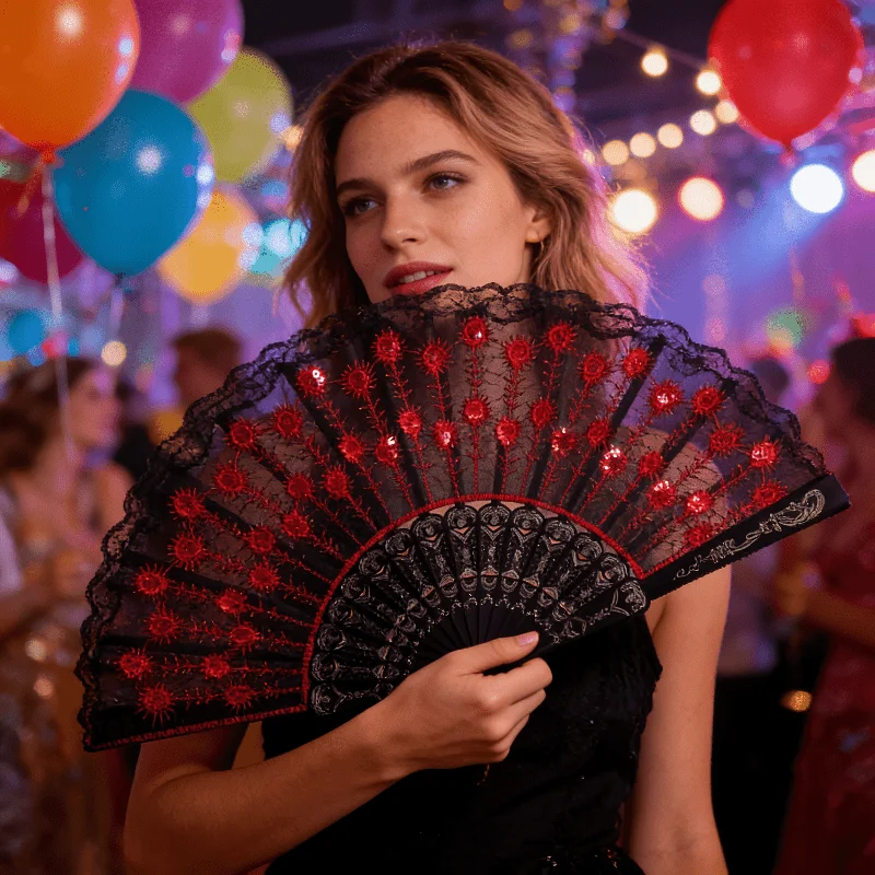 Spanish Style Folding Hand Fan with Sequins Tassel Lace Fabric Handheld Fan for Wedding Party Cosplay Dance Performance Photo