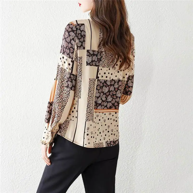 Spring Autumn New Round Neck Long Sleeve Fashion Shirt Women Casual Printing Button Lacing Cardigan Edible Tree Fungus Chic Top