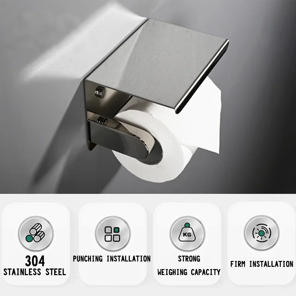 حامل ورق التواليت من الفولاذ المقاوم للصدأ مثبت على الحائط مع رف مناديل ورقية وحامل مناديل ورقية وتصميم منظم تخزين الحمام