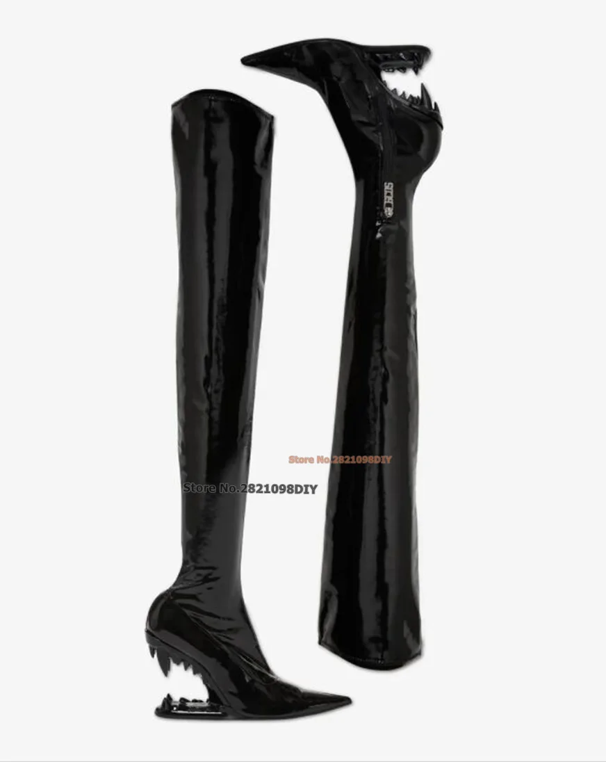 11Cm Heeled Black Stretch Over The Knee Boots Women Inside Zipper Wedges Morso Heeled Stitching Pointed Toe Thigh High Boot