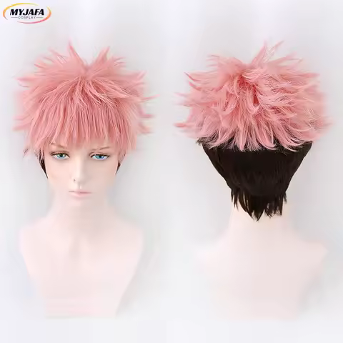 Ryomen Sukuna Cosplay Wig Anime Yuji Itadori Short Pink Black Heat Resistant Synthetic Hair Halloween Role Play Wigs + Wig Cap