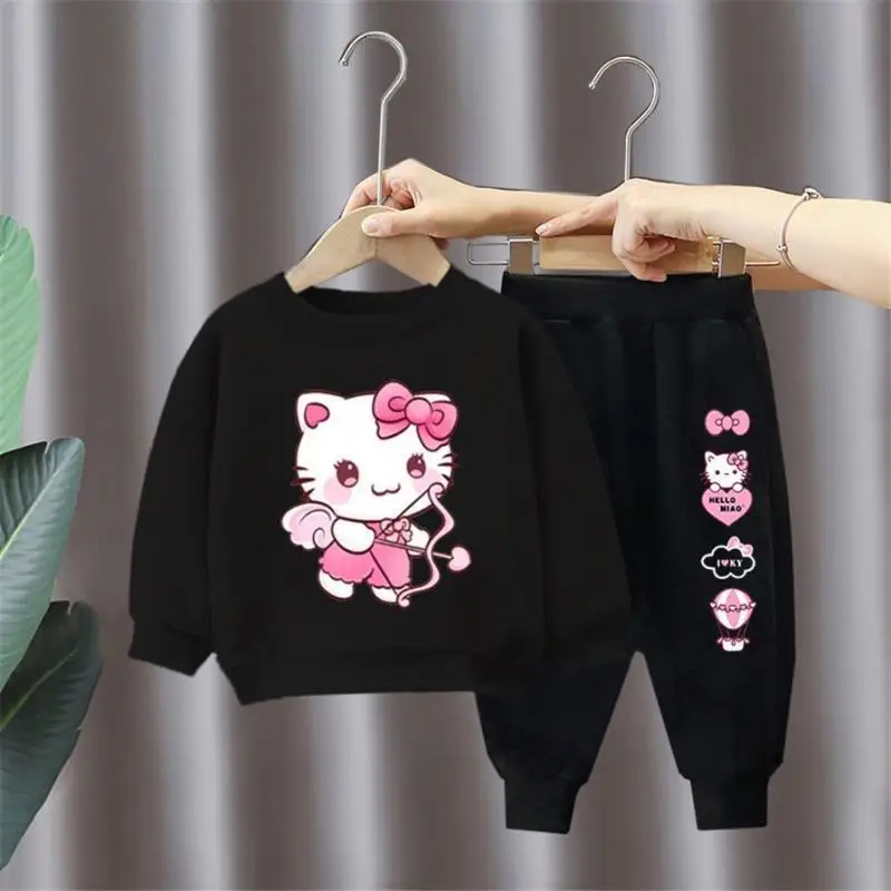 Children Clothes Set Spring Autumn Kids Hello Kitty Long Sleeved Sweater Tops+sweatpants 2piece Teen Girls Preppy Clothing