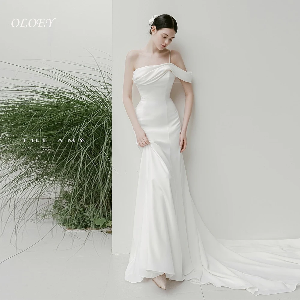 

OLOEY One-Shoulder Wedding Dresses Customized Sleeveless Satin Pretty White Mermaid Sweep Train Simple Bride Gowns 웨딩드레스