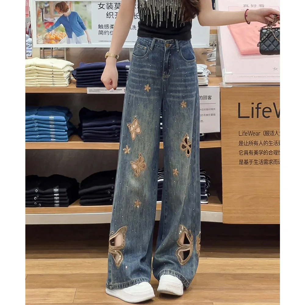 

Hollow Out Butterfly Embroidery Loose Jeans Vintage Blue Wide Leg Straight Denim Pants High Waist Full Length Women Trousers