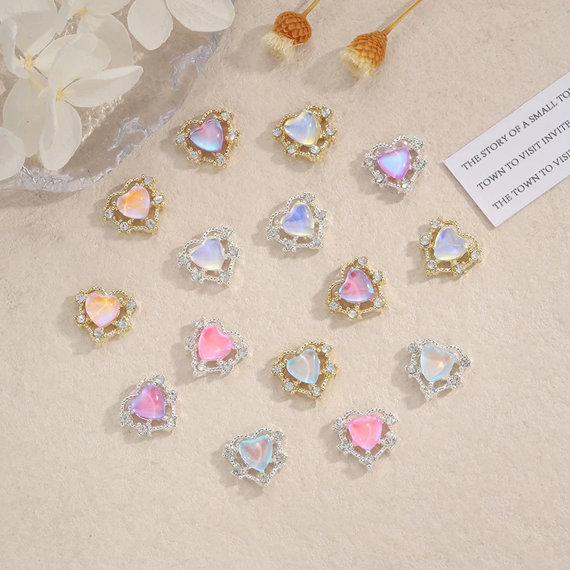 2Pcs Multi-Color Rhinestone Heart Shaped Nail Charms 3D Nail Art Alloy Accessories Aurora Gems Jewelry Nail Supplies Parts