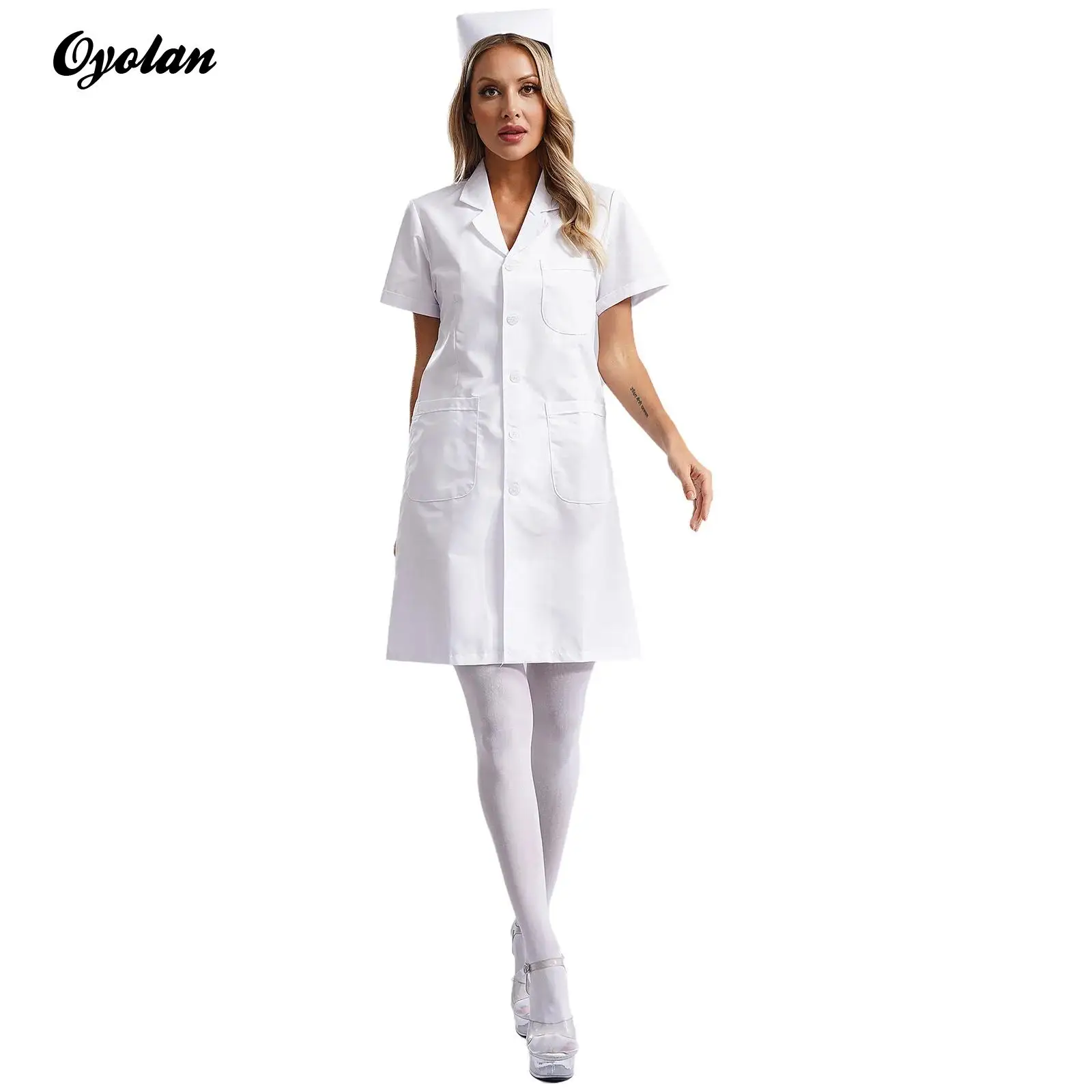 3Pcs Halloween Nurse Dress Costume Set for Women Short Sleeve Laboratory Coat Nurse Dress with Pantyhose Stockings and Hat Set