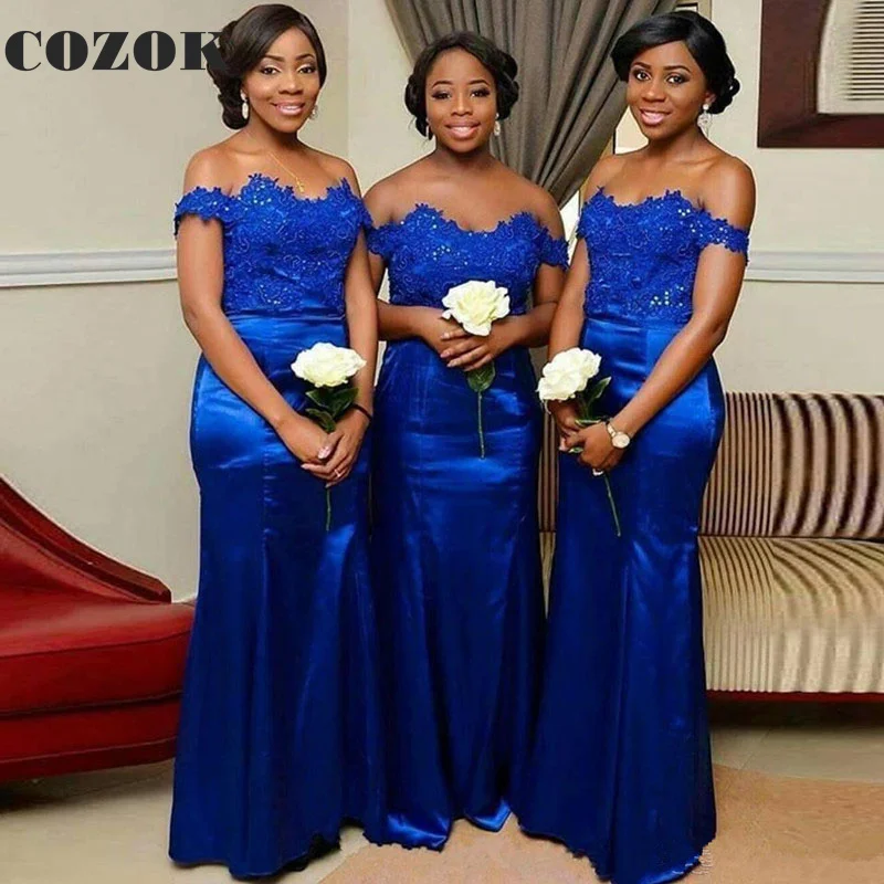 

Blue Satin Lace Off Shoulder Bridesmaid Dresses Plus Size Long Mermaid Sexy Guest Party Gown Vestidos De Gala DC83