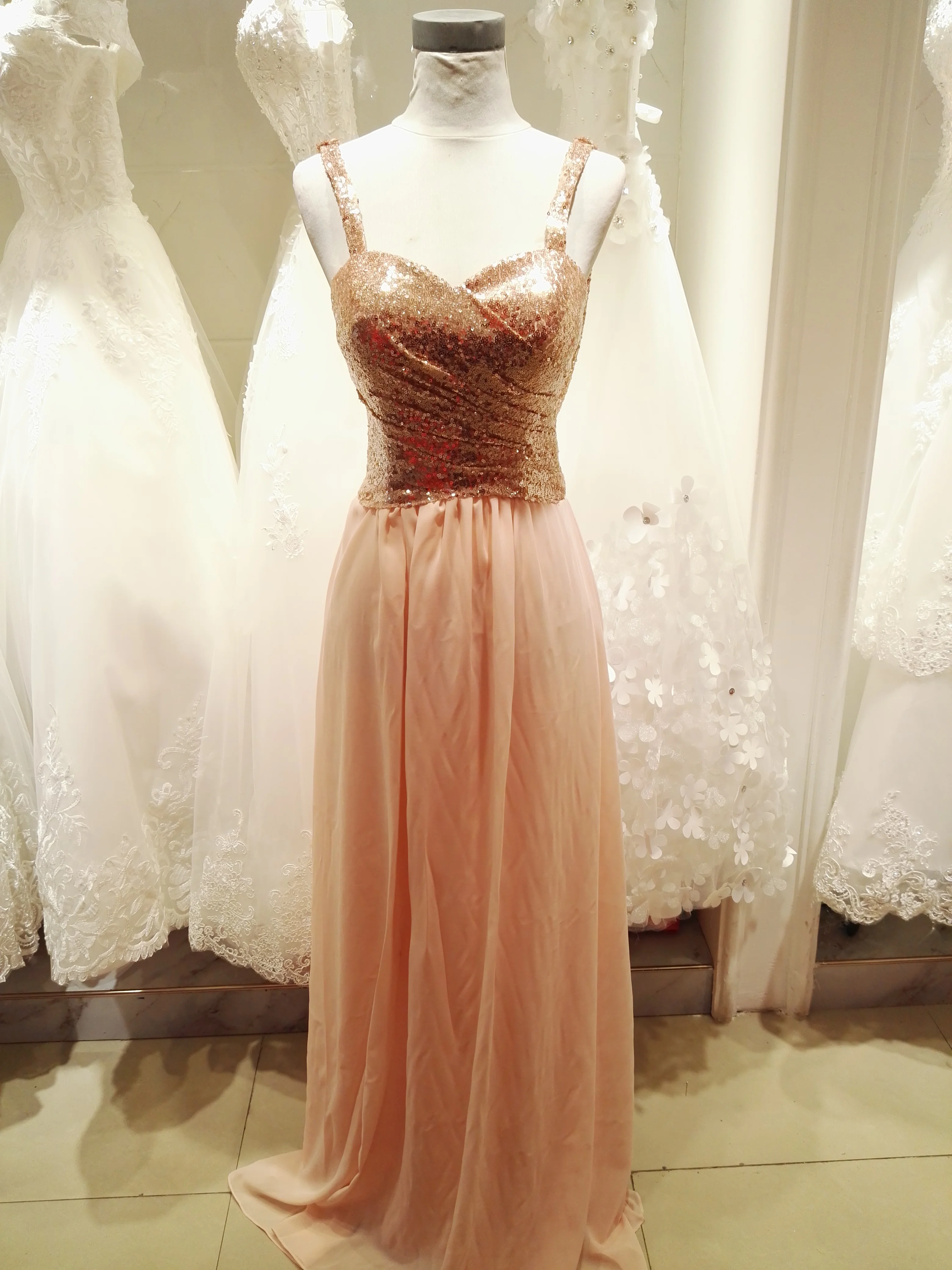 

L&P DQL Studio Bridesmaid Dresses Blush Sequins Top Chiffon Bottom Long Wedding Party Dresses Zipper Back