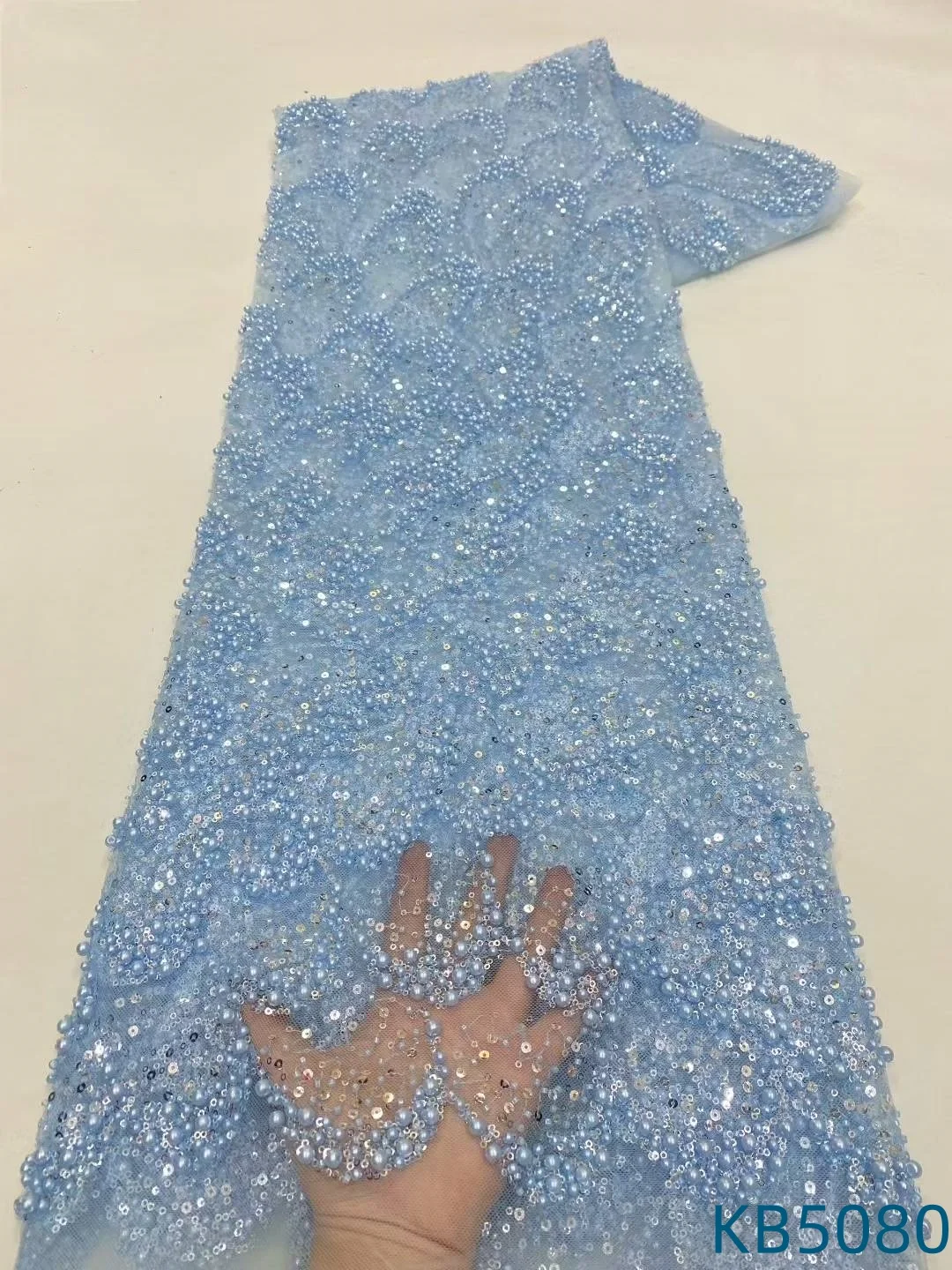 

Голубая кружевная ткань с бисером и последовательностью вышитых тканей 5 ярдов, новый дизайн, золотая кружевная ткань с блестками для шитья KB5080