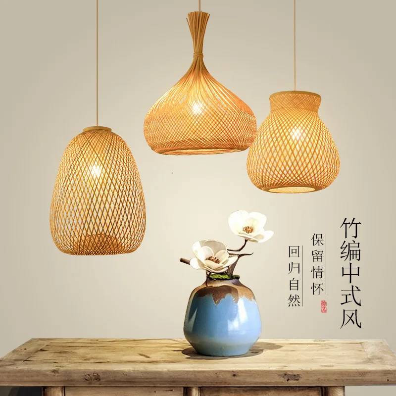 Braided Bamboo Wood Pendant Light Lustre Rattan Wicker Ceiling Hanging Lamp Luminaire Chandelier for Living Bed Hall Room Decor