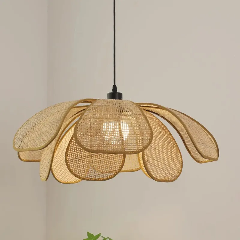 Rattan Petal Chandelier Mid-Century Handwoven Pendant Light for Dining Room Artistic Ceiling Fixture Unique Bedroom Hanging Lamp