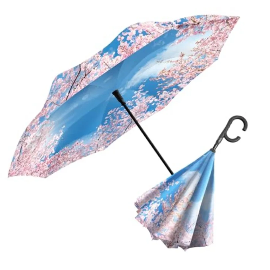 

Reverse Inverted inside-out Windproof Fine Art Reverse-opening Upside Down Umbrella with C-shaped Handsfree Handle Umbrella