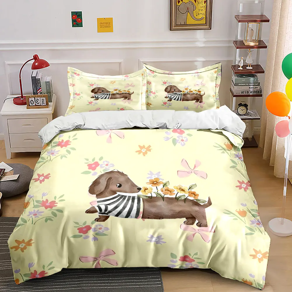 Dog with Flowers in Striped Shirt Print Bedding Set 1 Duvet Cover 2 Pillowcases for Adult and Children Luxury Gift Full Size