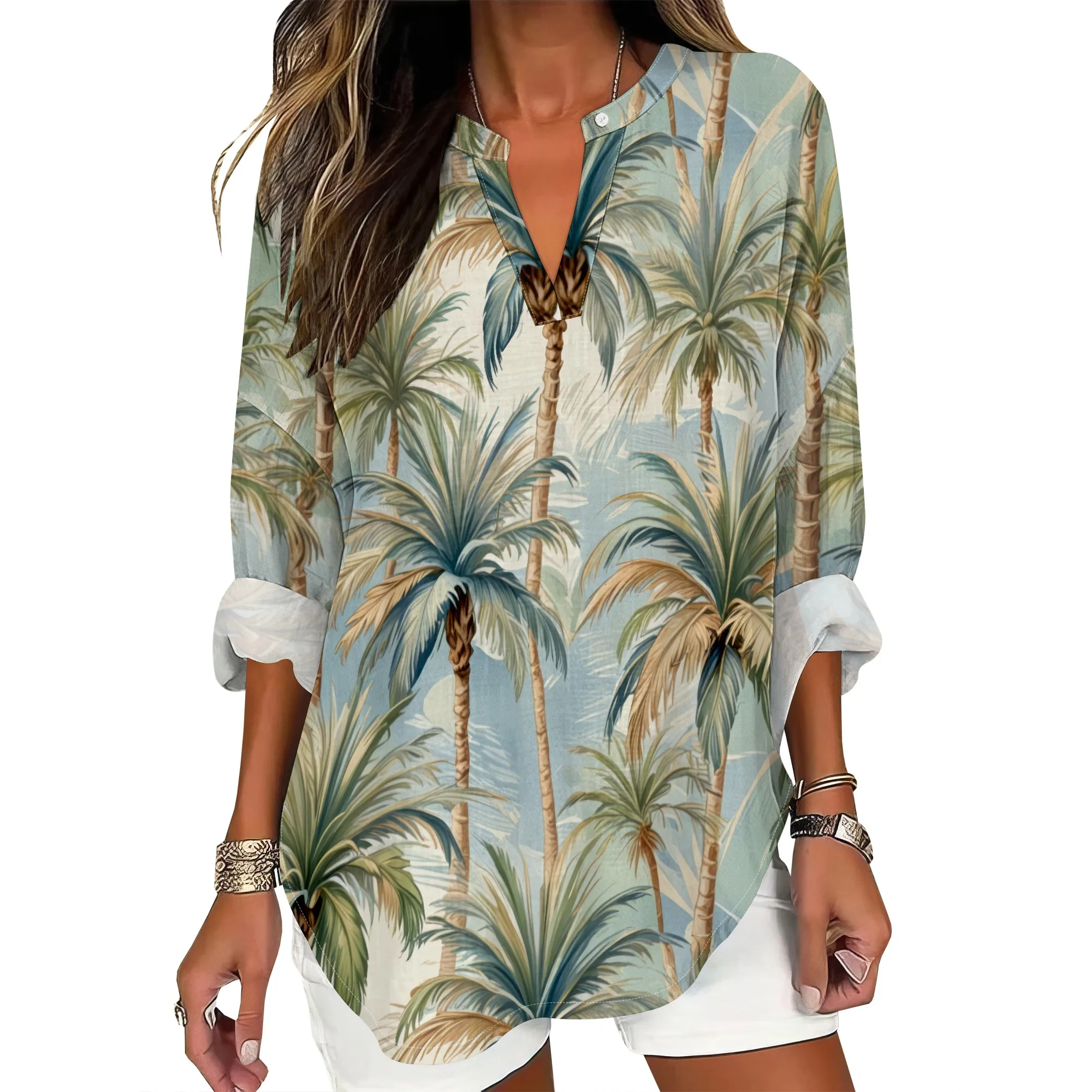 

Womens Hawaiian Shirts and Blouses Long Sleeve V Neck Flamingo Print Breathable Summer Plam Leaf Floral Tshirt