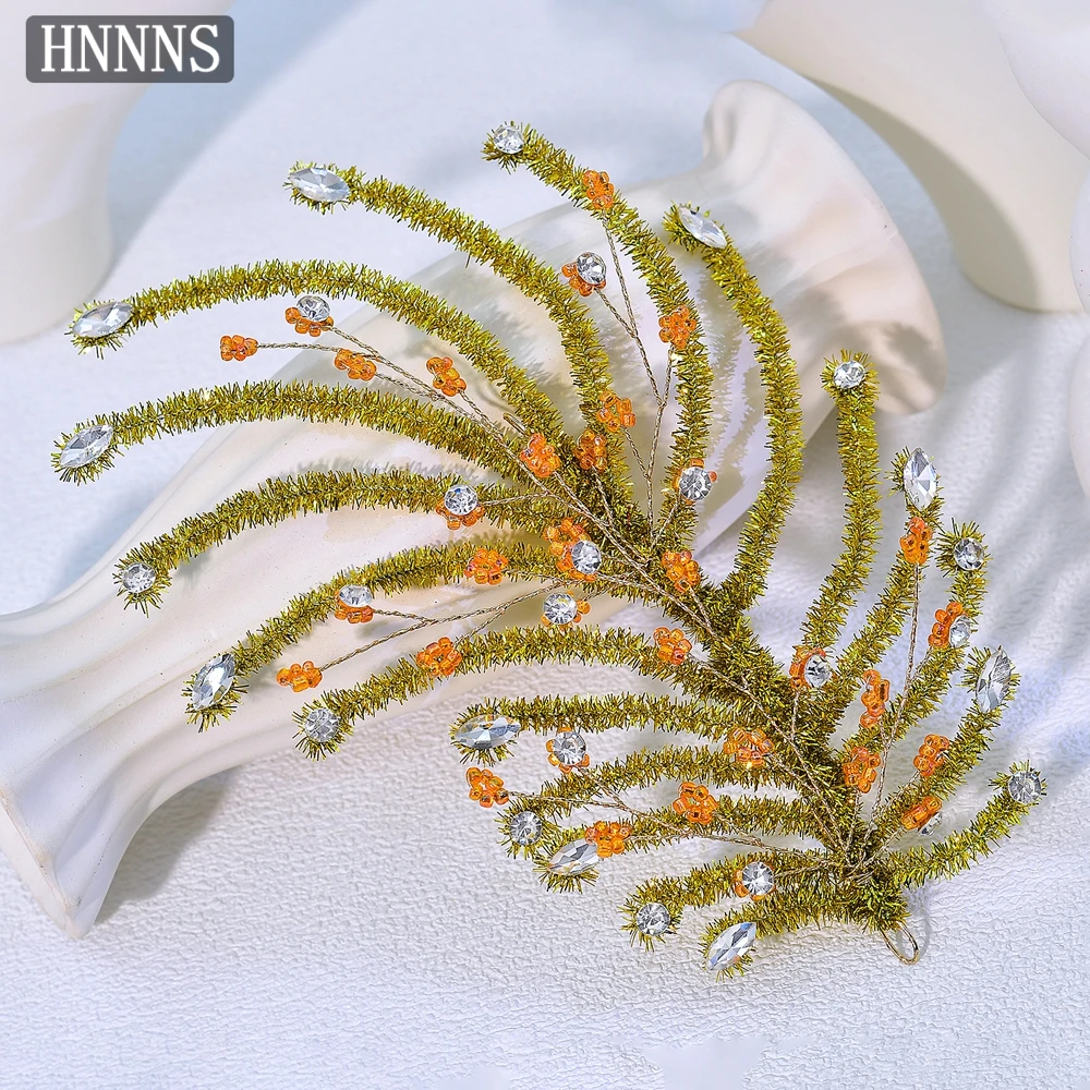 

HNNNS Yellow Feather Shaped Headpiece Bling Rhinestone Headdress Handmade Elegant Headwear Banquet Party Hair Accessories A376