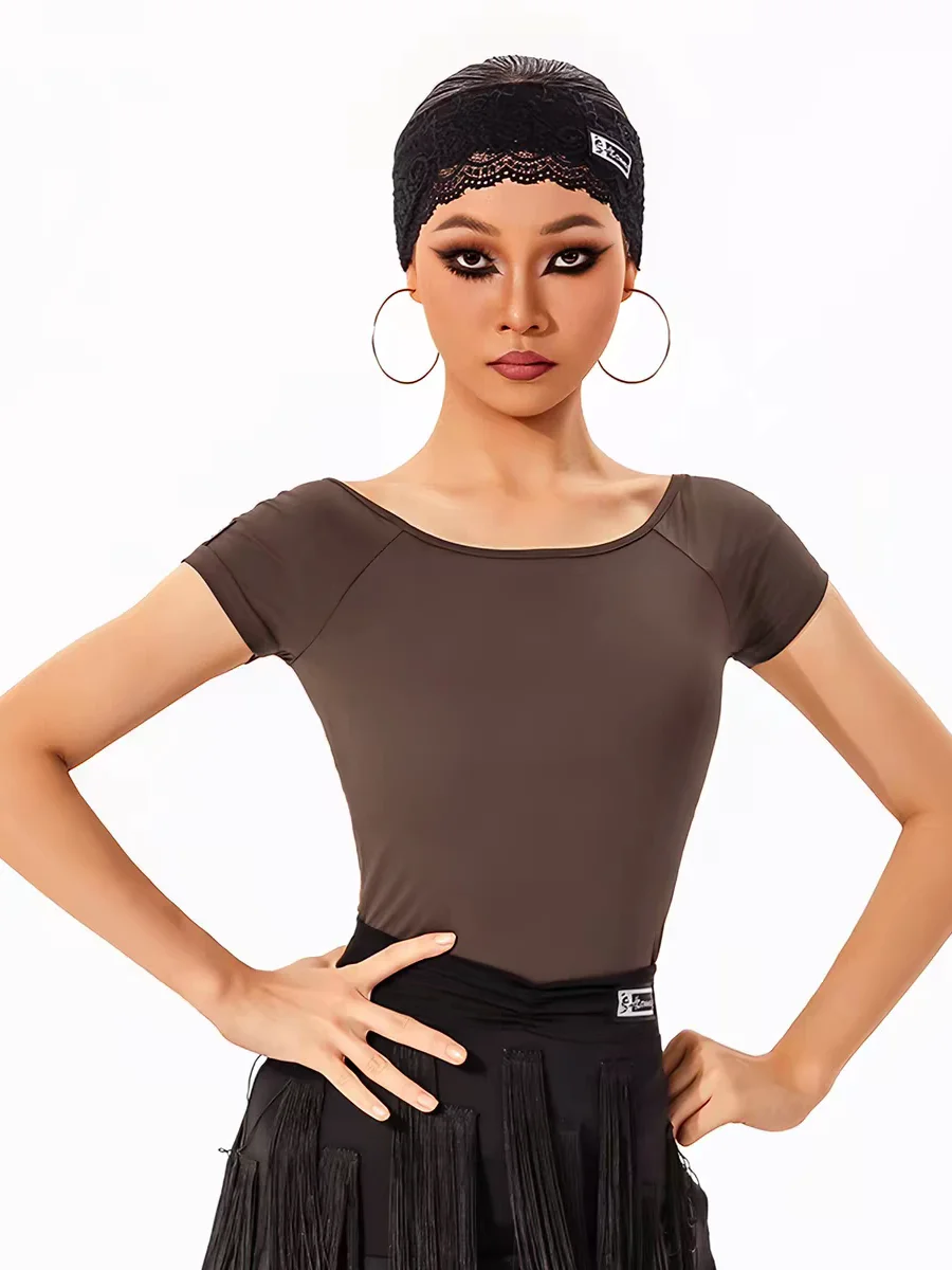 Professional Latin Dance Practice Uniform Women's Fitting Short Sleeve Dance Top Breathable Quick Dry round Neck A120