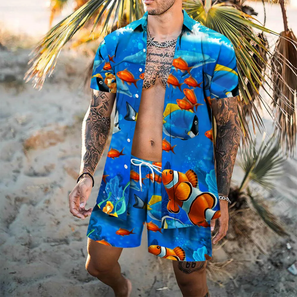Camisetas hawaianas + Pantalones cortos para hombre, trajes de 2 piezas, estampado de flamenco 3D, conjuntos de camisas de playa para vacaciones,