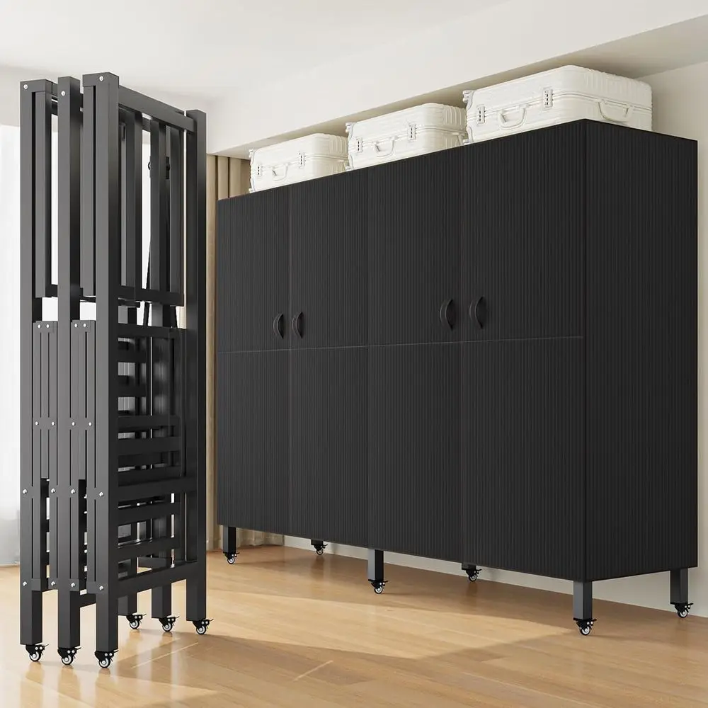 Portable Heavy-Duty Metal Wardrobe with Wheels, Black Door, 180cm Tall Rolling Garment Rack