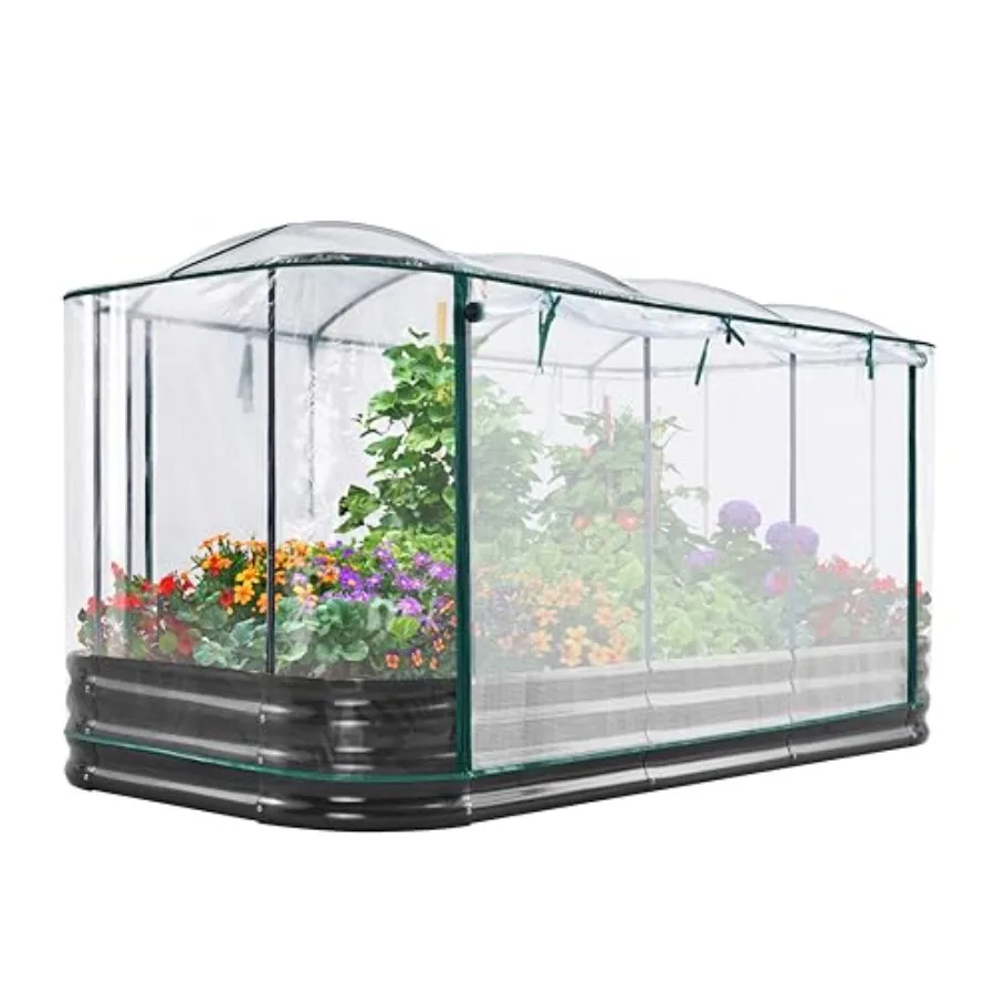 

Outdoor raised garden bed with cover: galvanized steel oval planter box, 94.5x47.2x11.8 in, silver-gray, rust-resistant and wea
