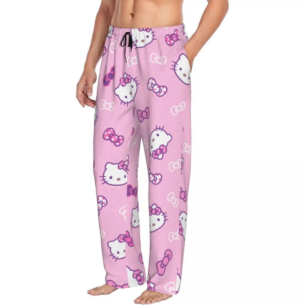 Custom Pink Bow Animated Anime Hello Kitty Pajama Pants Men\'s Sleepwear Lounge Sleep Bottoms Stretch with Pockets