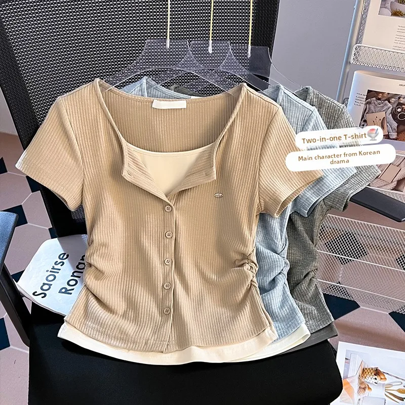 

Casual ort Sve T-irt Girl Summer Faion High School Student Versatile Slimming Top Pure Color Splice Creative Pattern