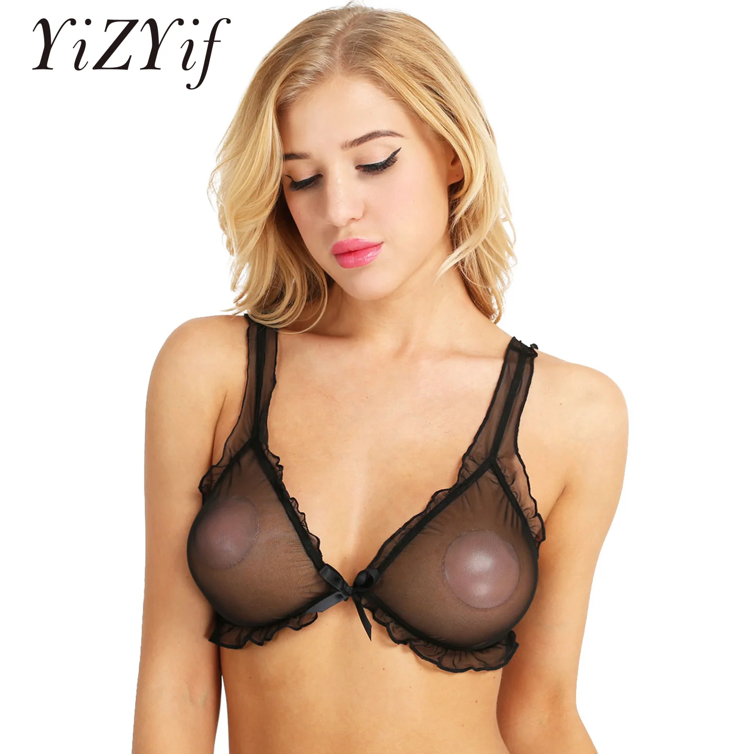 섹시 란제리 Womens 메쉬 Bralette 탑 소프트 쉬어 레이스 프릴 트라이앵글 브래지어 와이어 프리 Unlined 플 런지 V-neckline 브래지어