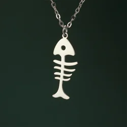 My Shape Cat and Fish Bones Pendant Necklaces for Women Girls Kitten Animals Charms Neck Chain Choker Stainless Steel Jewelry