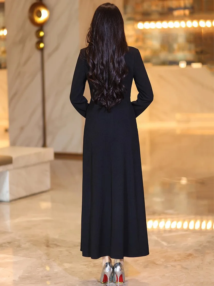 New Women Simplicity Classic Black Dress Autumn Fashion Turn-down Collar Long Sleeve High Waist Dress Elegant Long Dress Female