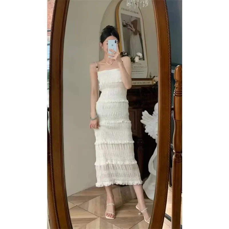 

Women Dress Summer White Elegant Spaghetti Strap Midi Dress Holiday Beach Backless Sexy Dress Vestidos