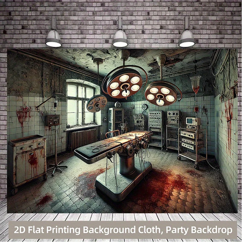 Abandoned Operating Room Tapestry, Horror Medical Theme with Blood Splatter and Vintage Equipment  for Halloween Party Decor
