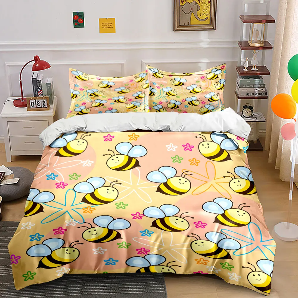 Cute bees and colorful flower background Printed Duvet Cover Set 1 Duvet Cover+2 Pillowcase Multi Size Bedroom Bedding Decor