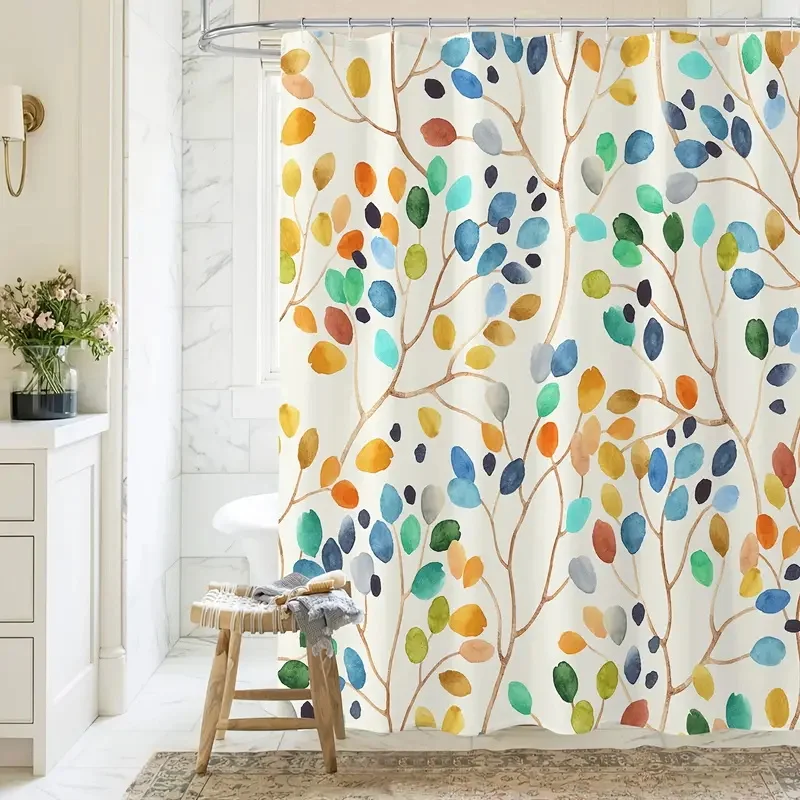 1PC of plant print shower curtain with plastic hook - modern abstract floral design, chic bathroom décor