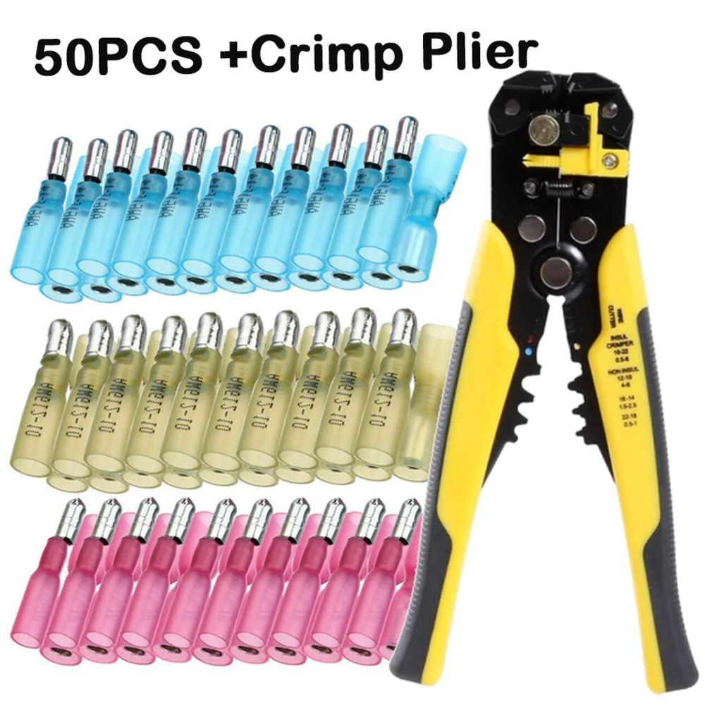 50PCS Heat Shrink Butt Connector Waterproof Insulated Solder Seal Wire Terminal with 1PC Crimp/Cutter Plier