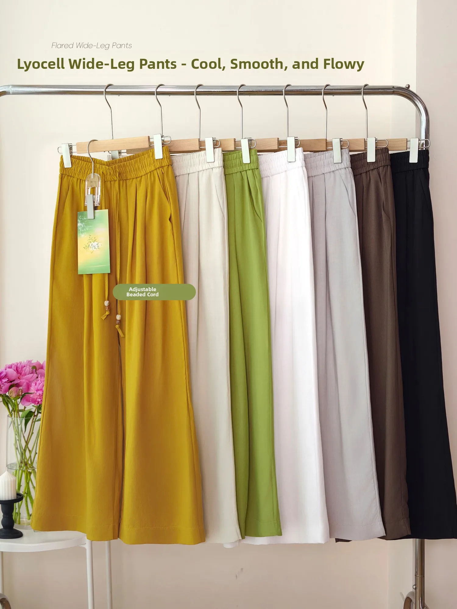 

Casual Loose Leggings with Drawstring And Pleated Pearl Buckle Women's Summer Fashion Elastic Waist Wide Leg Pants