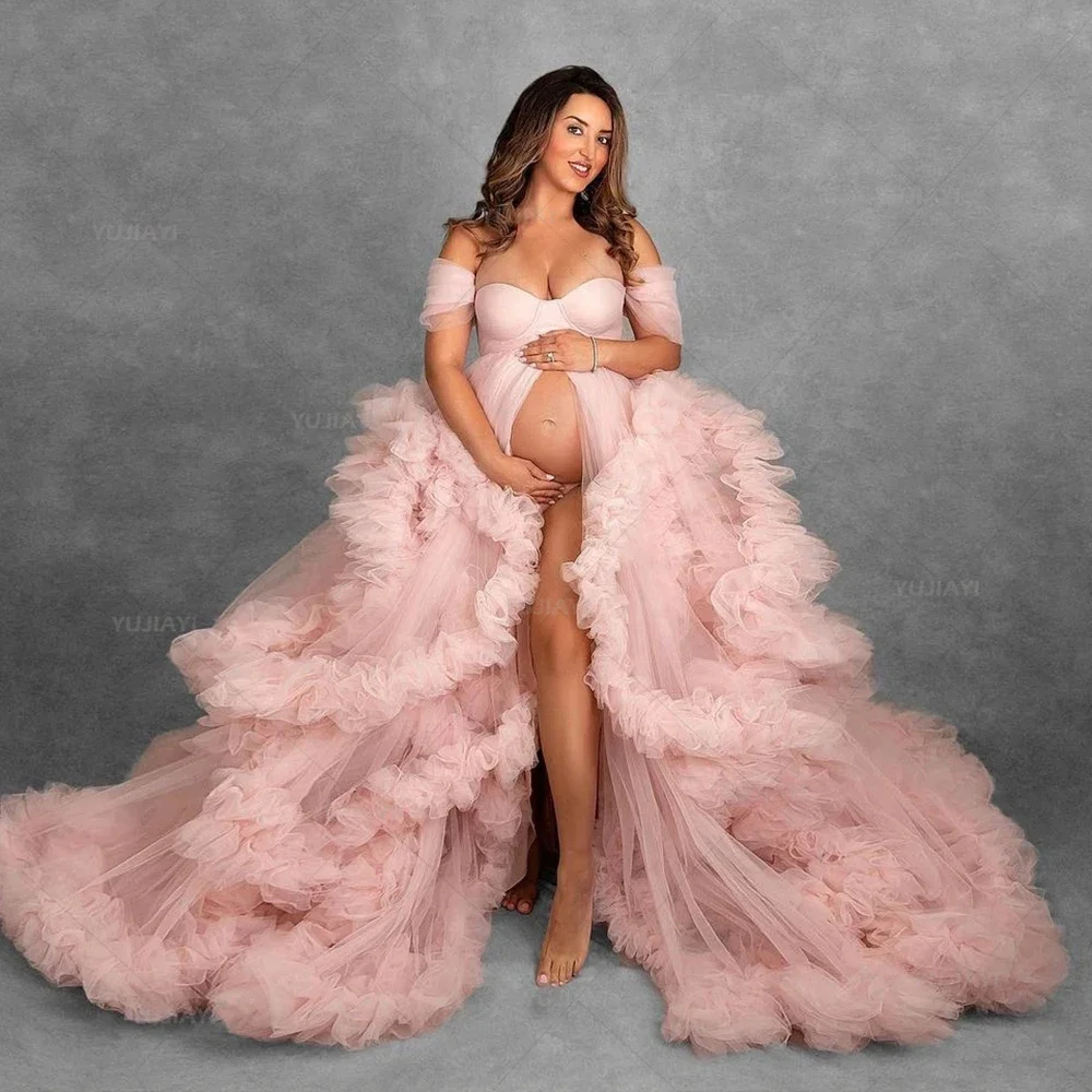 

Pink Maternity Gowns for Photoshoot Off Shoulder Tulle Ruffles Pregnant Robes Babyshower Gowns A Line Front Split Bridal Dresses