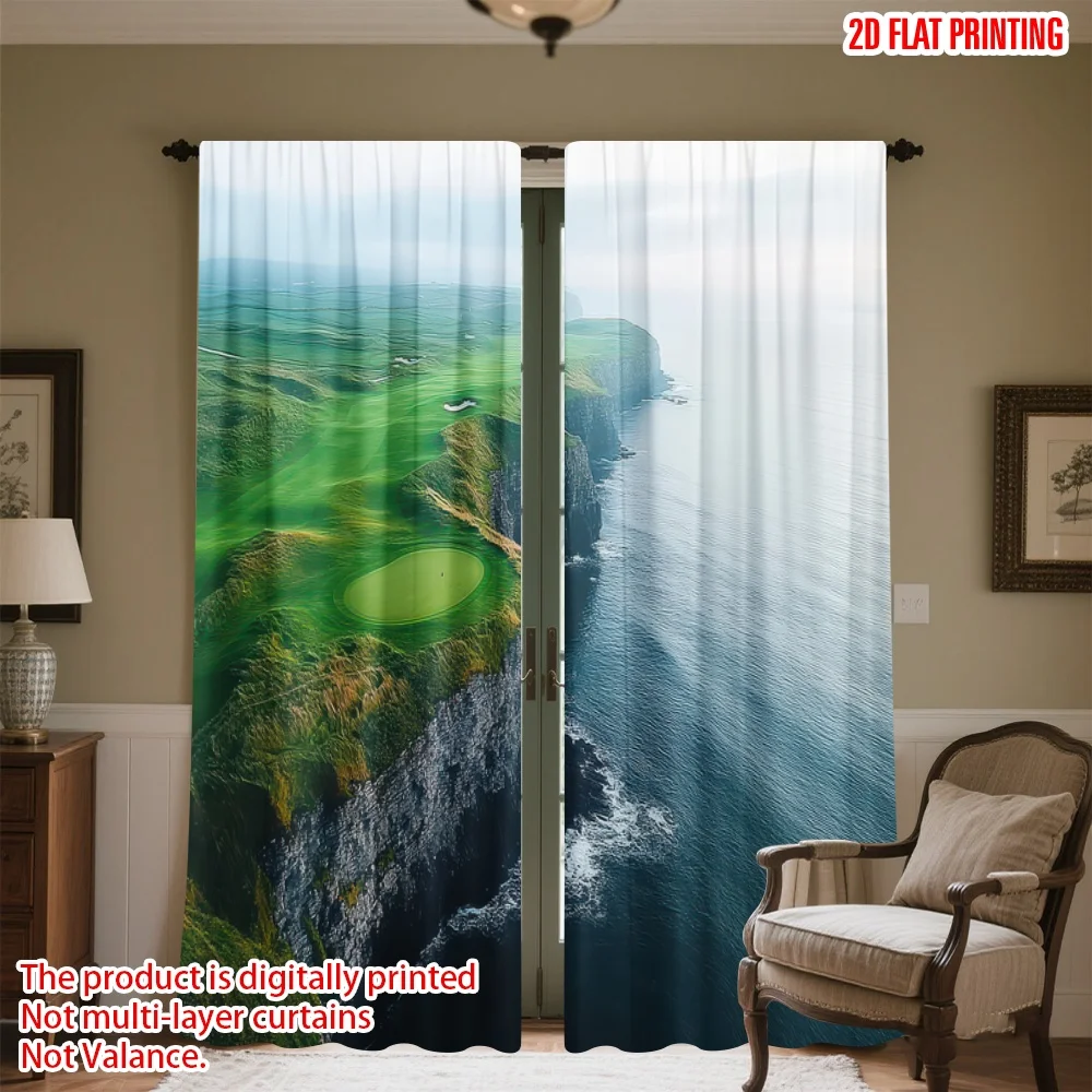 

2D flat printing 2pcs Curtains Green Mountain Landscape Digital Printed Polyester Drapes Festive Wall Decor Perfect for Booths