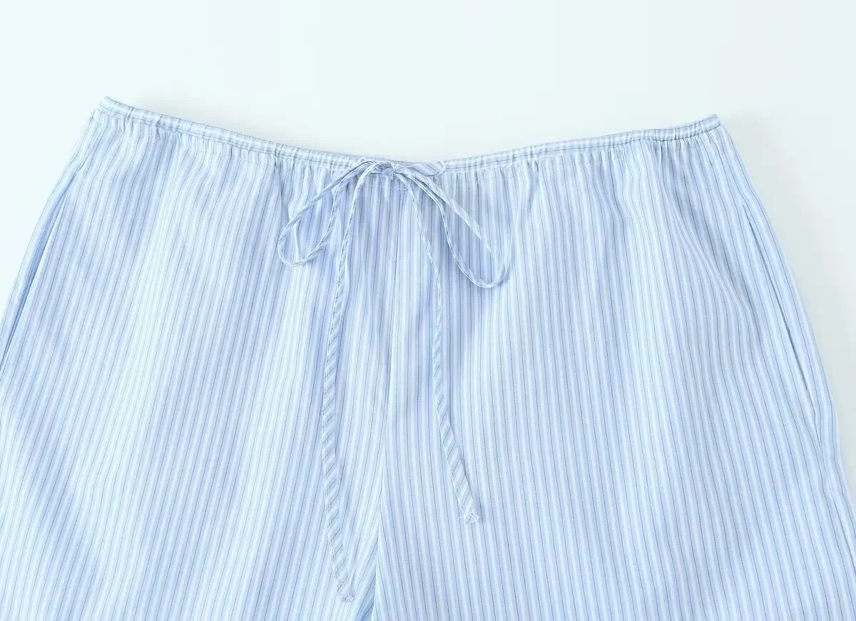 Calça listrada de perna larga feminina, cintura elástica, cintura alta retrô, bolso lateral, calça casual de coringa, nova moda, 2022