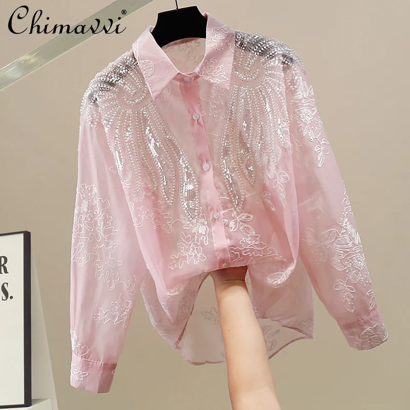 Fashion Heavy Beaded Embroidery Decorative Lapel Long Sleeve Shirt 2025 Autumn New Sweet Girl Loose Temperament Versatile Top