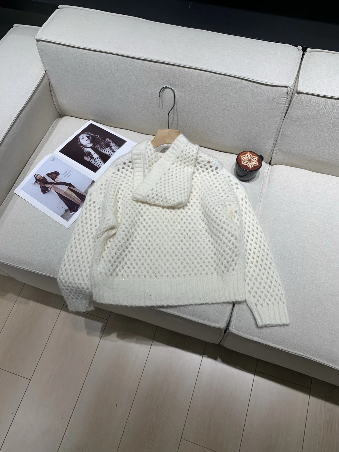 

2025 Autumn And Winter New Hooded Sequined Alpaca Cashmere Knitted Cardigan Hollow Sweater Jacket Women