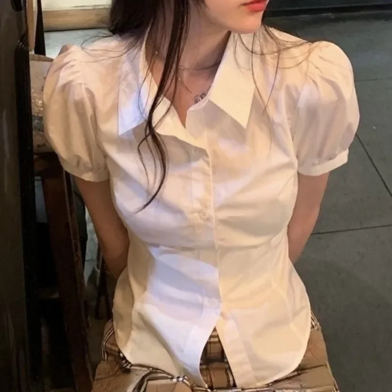 Puff Sleeve Shirts White Elegant Women Turn Down Collar Y2k Camisa Korean Skinny Chemises Femme Short Tops Slim Waist Chic