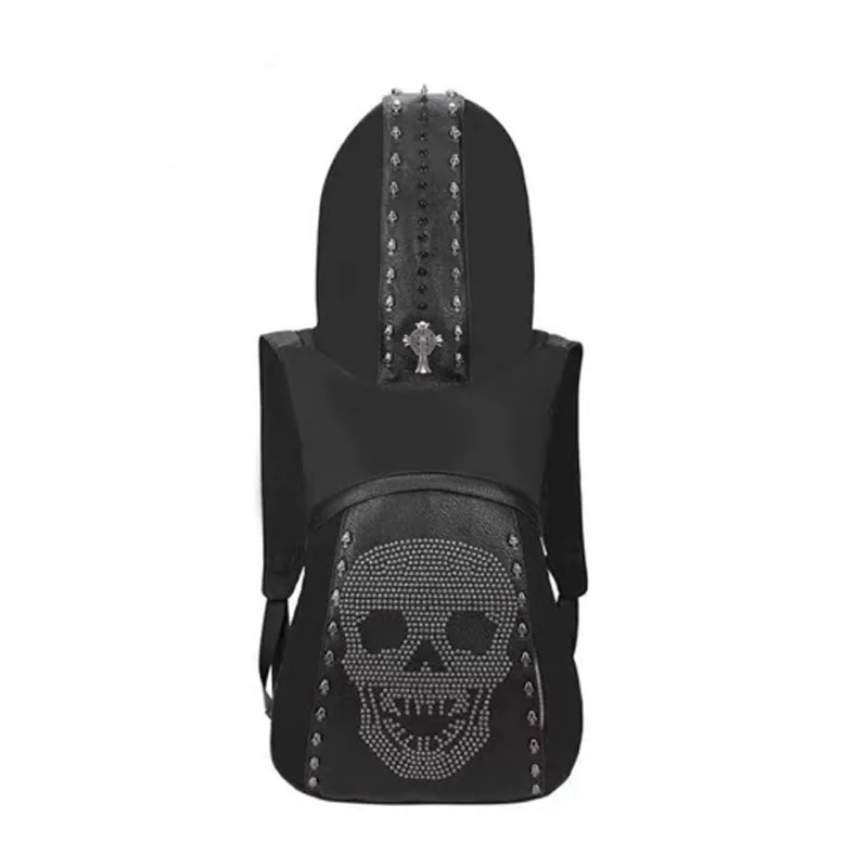 Personality 3D Skull Leather Backpack Rivets Skull Backpack with Hood Cap Apparel Bag Cross Bags Backpacks Women  Ita Bag