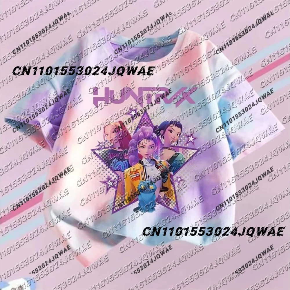 

KPop Demon Hunters T-shirt Children Purple Tie-dye Top Girls O Collar Clothing Short Sleeve Tee Kids Summer/Autumn Clothes Gift
