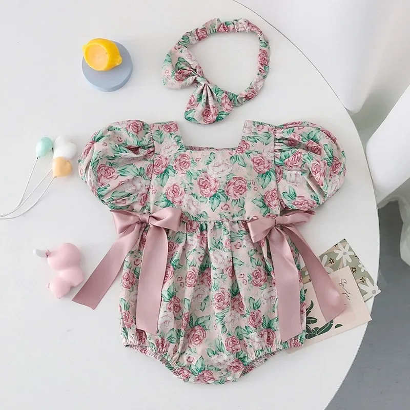 New Summer Family Matching Outfits Short Puff Sleeves Bodysuit+Floral Square Collar Princess Dress Twins Girl Clothes H4408