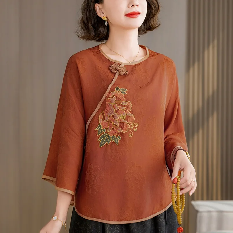 

2025 Spring New Chinese Embroidered Casual Loose Top Long Sleeve T-shirt Vintage Tradition Female Chic Blouse