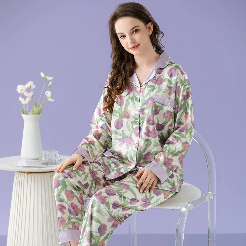 Women's Pajamas Sets Spring Autumn 2 Piece Tulip Print Pyjama Faux Silk Satin Sleepwear Long Sleeve Pijama Mujer Pjs Homewear